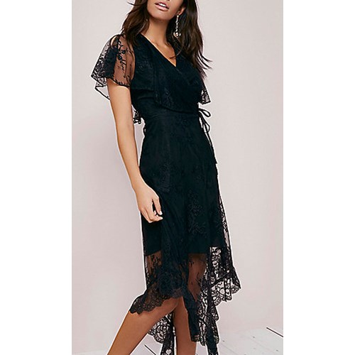Black lace wrap asymmetric hem midi dress