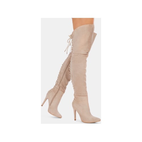 Beżowe kozaki za kolano Double Lace