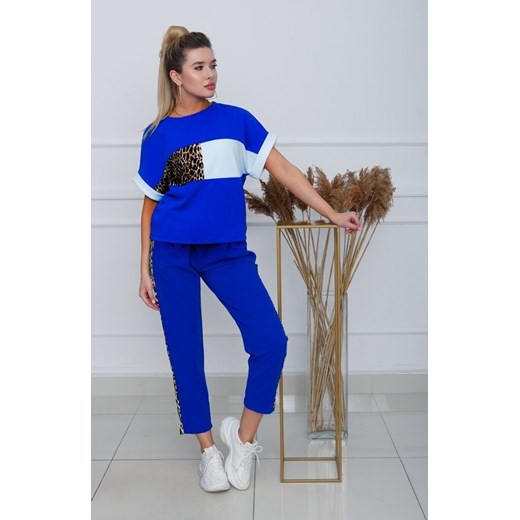 Kobaltowy damski 2-częściowy komplet ze wstawkami w panterkę - Odzież Royalfashion.pl M - 38 royalfashion.pl