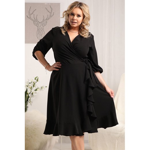 Sukienka wieczorowa kopertowa elegancka z falbanką IRIS wiązana czarna Plus Size karko.pl