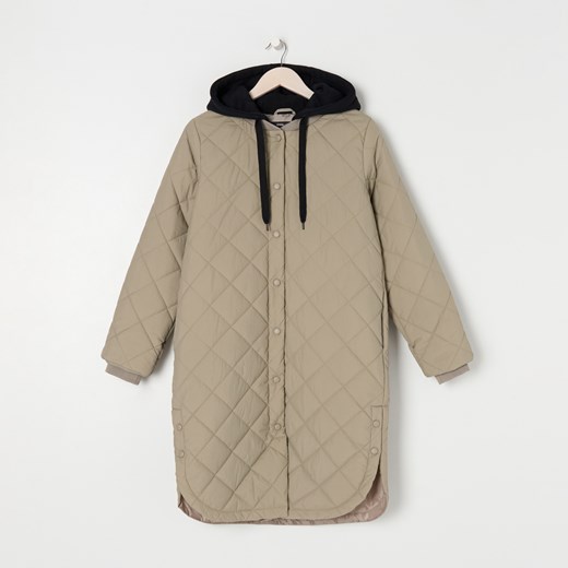 Sinsay - Długa pikowana kurtka z kapturem - Khaki Sinsay XXL Sinsay