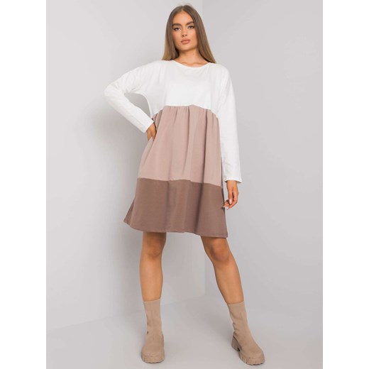 Ecru-ciemnobeżowa bawełniana sukienka z długim rękawem Emine RUE PARIS L/XL okazja netmoda.pl