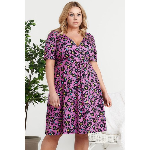 Sukienka kwiaty letnia rozkloszowana REBEKA LETNIA czarno żółte kwiaty na różu Karko Plus Size karko.pl
