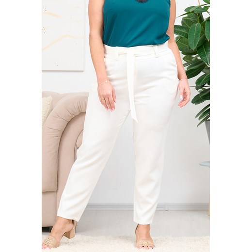 SPODNIE na lato z talią paper bag eleganckie cygaretki KOSTA ecru Karko Plus Size karko.pl