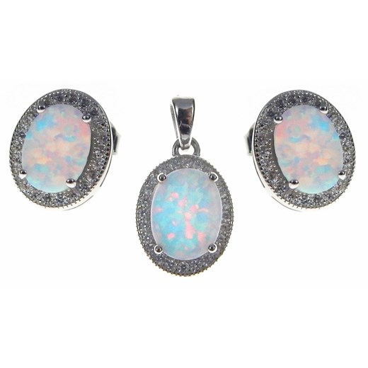 Delikatny rodowany srebrny komplet z opalem i cyrkoniami opal cyrkonie srebro 925 V012K