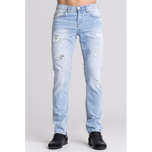 Niebieskie jeansy męskie z przetarciami i zielonymi wstawkami Versace Jeans 33 Velpa.pl