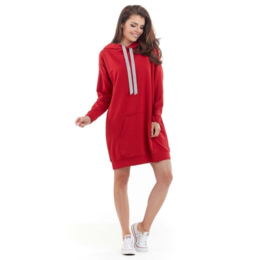 Czerwona Długa Bluza Kangurka z Kapturem w Sportowym Stylu Awama uniwersalny MOLLY.PL