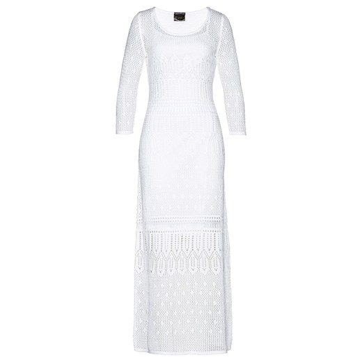 Sukienka Bonprix elegancka biała karnawałowa z okrągłym dekoltem z długimi rękawami