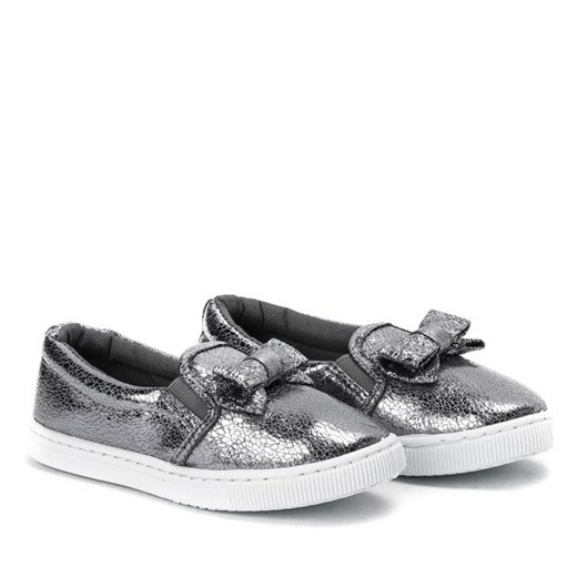Szaro - srebrne dziewczęce slip - on z kokardką Stefanie - Obuwie