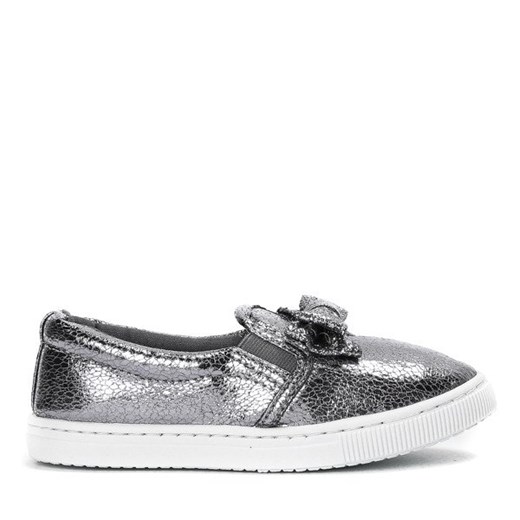 Szaro - srebrne dziewczęce slip - on z kokardką Stefanie - Obuwie