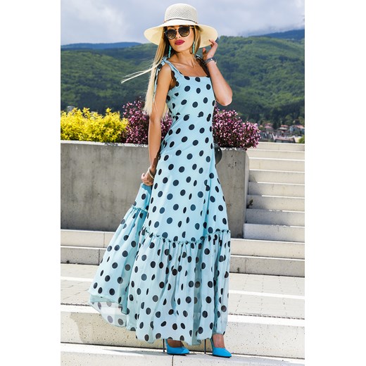 Sukienka Ivet.pl niebieska z dekoltem karo maxi bez rękawów oversize retro
