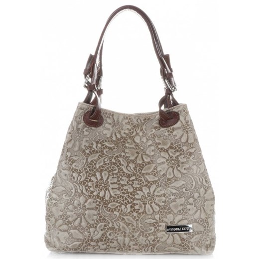 Vittoria Gotti Stylowe Torebki Skórzane typu Shopper Bag w tłoczone wzory kwiatów Beżowe (kolory)