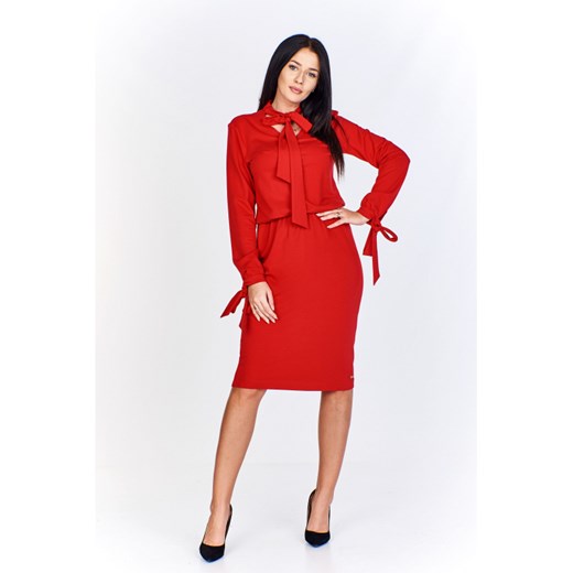 Monochromatyczna sukienka z subtelnym dekoltem wiązaniem przy szyi oraz mankietach Bien Fashion XL ptakmoda.com