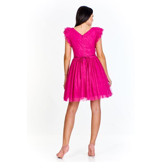 Sukienka Betty M na wesele różowa w serek mini elegancka bez rękawów rozkloszowana