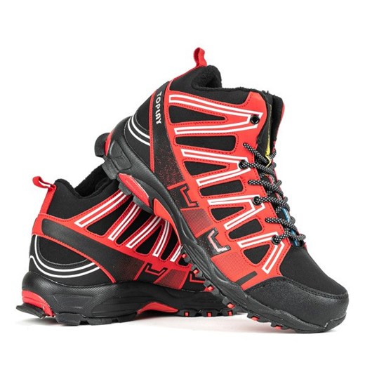 Czarne sportowe męskie buty trekkingowe z czerwoną wstawką Everest - Obuwie Royalfashion.pl 46