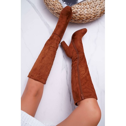 Kozaki Damskie Na Słupku Zamszowe Camel Classy 41 TAGLESS