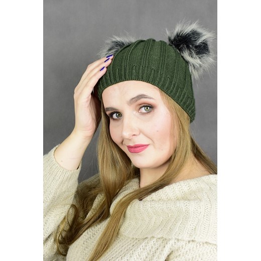 Czapka ZUZKA ciepła zimowa dwa pompony khaki PROMOCJA