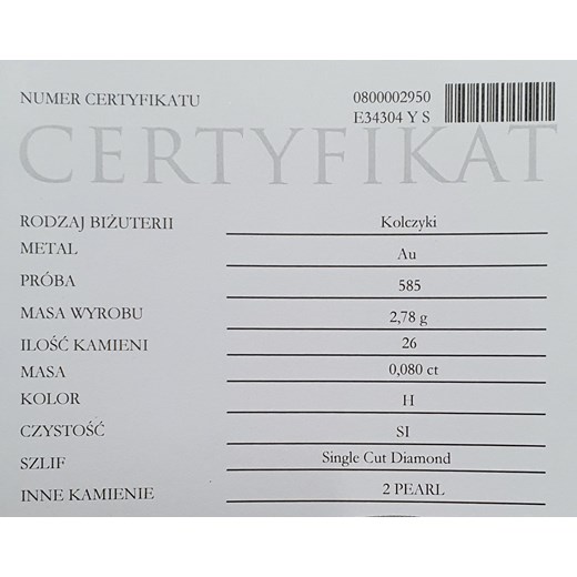 ZŁOTE KOLCZYKI DIAMENT PERŁA ZŁOTO 585