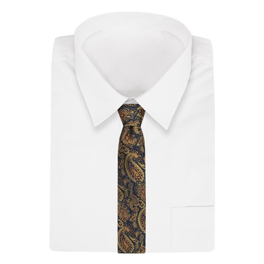Granatowy Męski Krawat -Chattier- 7,5cm, Klasyczny, Elegancki, w Żółto-Złoty Wzór Paisley, Łezki KRCH1161 Chattier JegoSzafa.pl