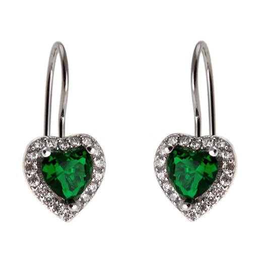 Eleganckie rodowane srebrne wiszące kolczyki serca serduszka heart szmaragd cyrkonie srebro 925 K2764 Valerio.pl