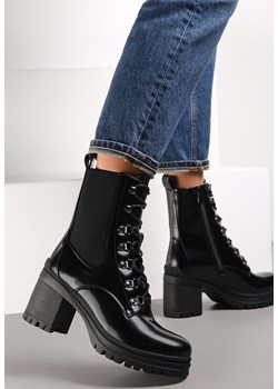 Czarne Botki na Słupku z Elastyczną Wstawką z Boku i Sznurowaniem Jial - id: H2186 BLACK-38-BLACK - marki Renee - 144472553 Czarne Botki na Słupku z Elastyczną Wstawką z Boku i Sznurowaniem Jial ze sklepu renee.pl w kategorii Botki - zdjęcie 144472553