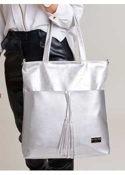 Shopper bag Badura lakierowana ze skóry ekologicznej na ramię z frędzlami duża