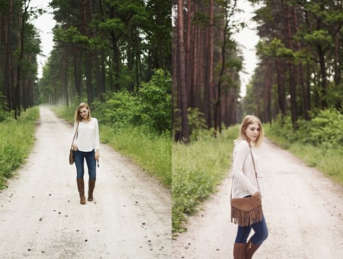 Blue jeans, fringe bag
