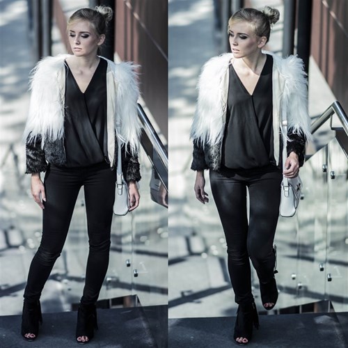 Color Block Long Sleeve Shaggy Faux Fur Coat