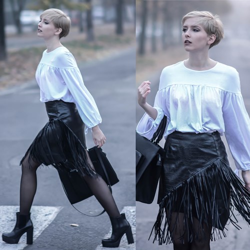 Black Textured Asymmetric Fringed Skirt