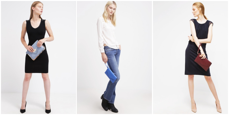 Trzy modelki ubrane w stylu casualowym i eleganckim z kopertówkami
