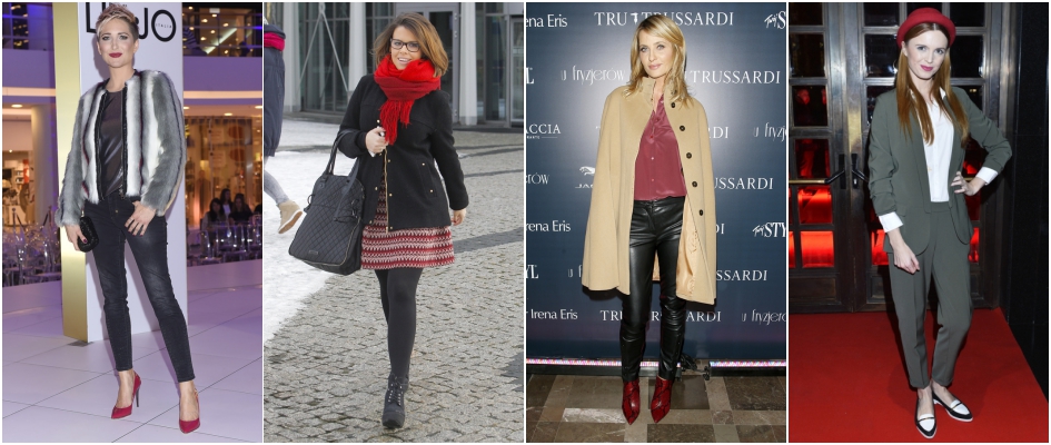 Czerwone dodatki (szpilki, szalik i kapelusz) w stylizacjach gwiazd: Magdalena Steczkowska, Aneta Kręglicka, Kasia Burzyńska