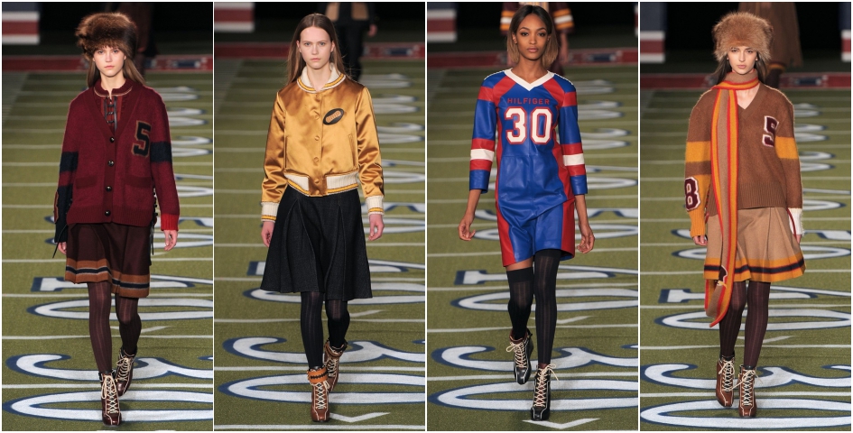Modelki z pokazu Tommy Hilfiger w kolekcji inspirowanej futbolem amerykańskim.