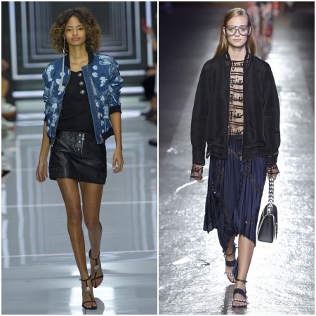 Modelka na wiosenno-letnim pokazie Versus w jeansowej kurtce bomber i modelka na pokazie Emilio Pucci w czarnej bomber jacket.