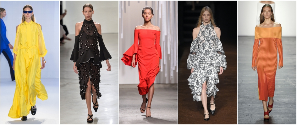 Sukienki z odkrytmi ramionami z wiosenno-letnich pokazów Erdem, Milly, Proenza Shoulder.