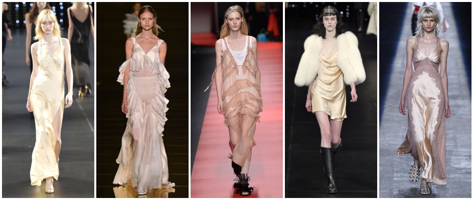 Modelki w bieliźnianych sukienkach z wiosenno-letnich kolekcji Alexander Wang, Saint Laurent, Francesco Scognamiglio i No 21.