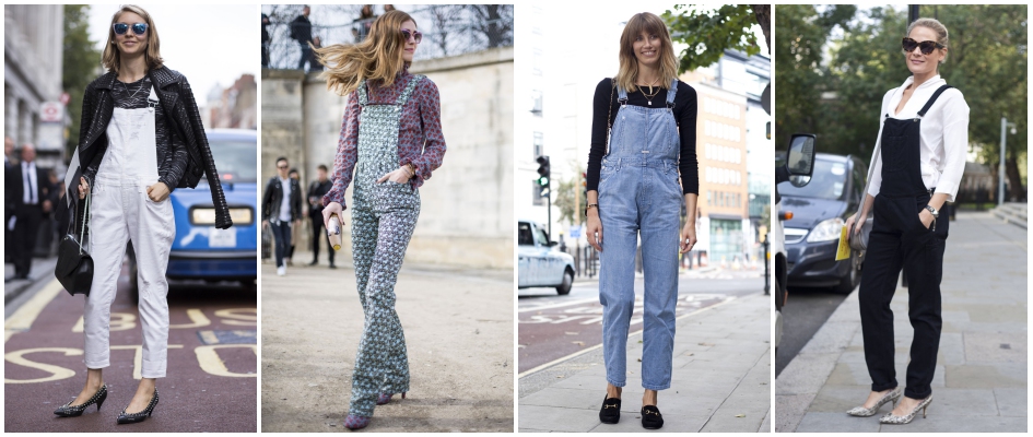 Fashionistki w stylizacjach codziennych bazujących na jeansowych ogrodniczkach.