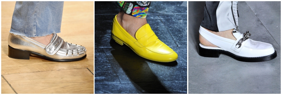 Obuwie damskie typu mokasyny z wiosenno-letnich pokazów Guy Laroche, Jeremy Scott i Louis Vuitton.