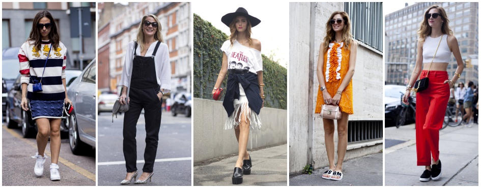 Fashionistki w letnich stylizacjach z miniaturowymi torebkami.