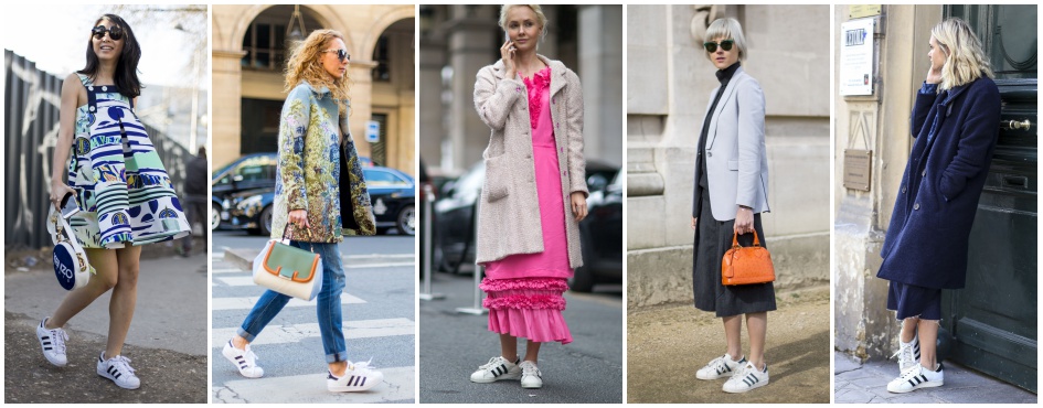 Kobiety w jesiennych stylizacjach i butach sportowych Adidas Superstar.
