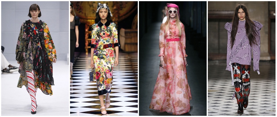 Odzież damska w kwiaty z jesienno-zimowych kolekcji Balenciaga, Dolce&Gabbana, Gucci i Vetements.