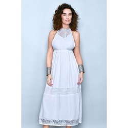 Sukienka biała Tarifa koronkowa maxi elegancka bez rękawów z okrągłym dekoltem  - zdjęcie produktu