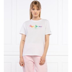 Biała bluzka damska Pepe Jeans z okrągłym dekoltem z krótkimi rękawami młodzieżowa z napisami letnia  - zdjęcie produktu