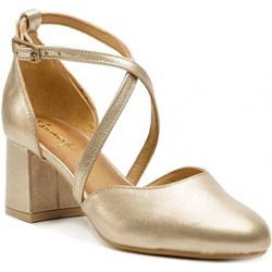 Czółenka złote Maciejka z okrągłym noskiem z klamrą na obcasie  - zdjęcie produktu