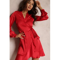 Sukienka czerwona Renee z dekoltem v z długim rękawem mini kopertowa  - zdjęcie produktu