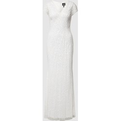 Biała sukienka Adrianna Papell maxi dopasowana z krótkim rękawem z aplikacjami  z dekoltem v  - zdjęcie produktu