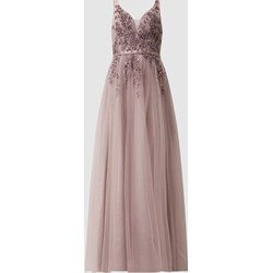 Różowa sukienka Luxuar Fashion z dekoltem w serek z aplikacją z tiulu maxi  - zdjęcie produktu