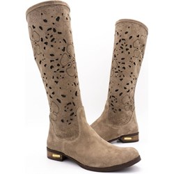 Kozaki damskie Buty Olivier beżowe na zamek z nubuku płaskie  - zdjęcie produktu