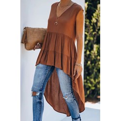 Bluzka damska Milan Kiss z długim rękawem casual brązowa z wiskozy z dekoltem v  - zdjęcie produktu