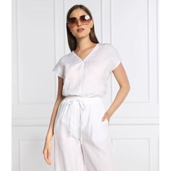 Bluzka damska biała DKNY z krótkim rękawem lniana z dekoltem w literę v  - zdjęcie produktu