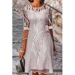 Sukienka szara IVET z długimi rękawami dla puszystych z okrągłym dekoltem midi na urodziny  - zdjęcie produktu
